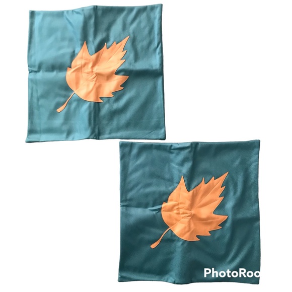 Kayfia Faux Leather Pillow Covers 18x18 Set of 2 Green Leaves Fall New - Picture 1 of 5